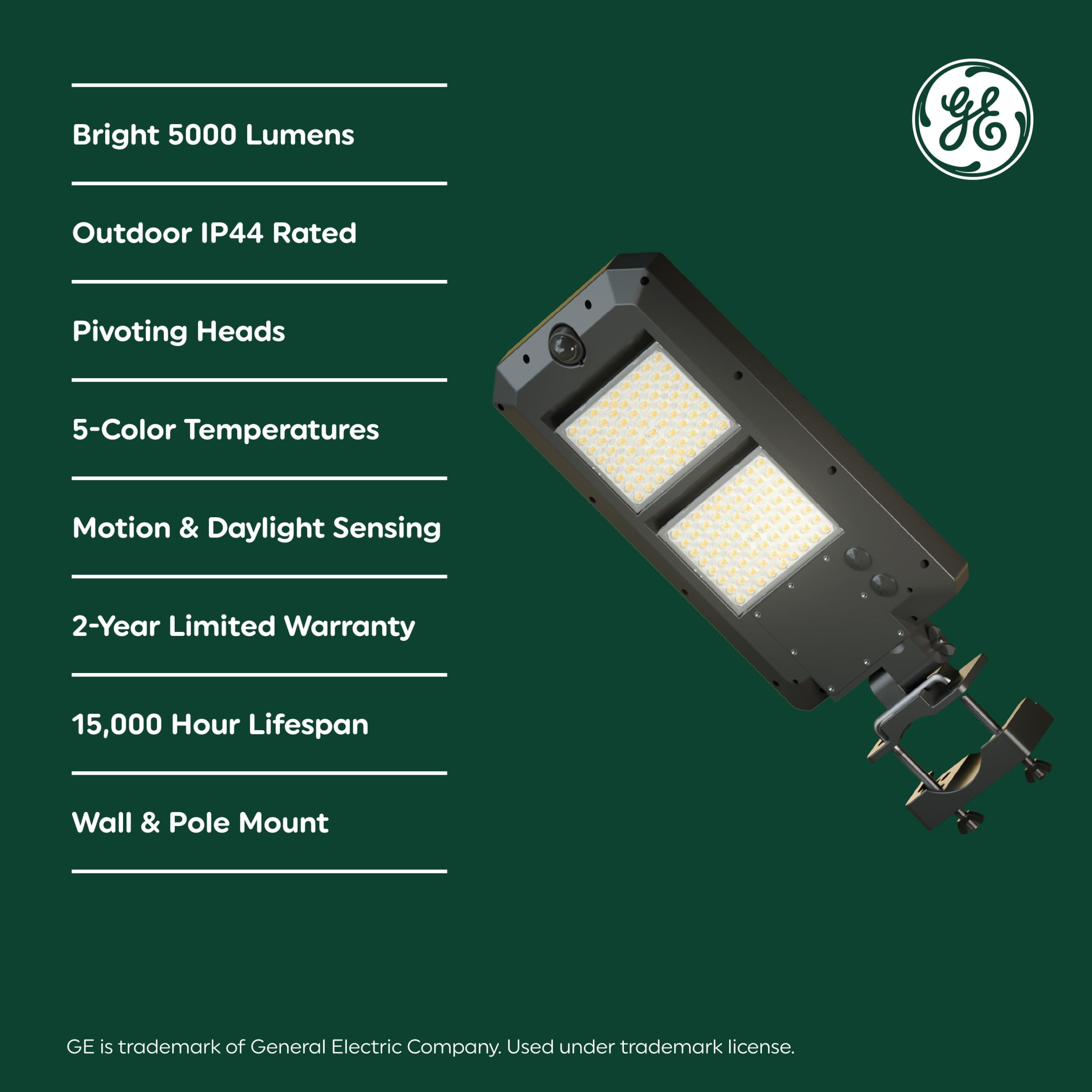 GE Outdoor Security LED Street Light, Adjustable Lights with Motion & Dusk to Dawn Sensor, Solar Light, 5000 Lumens