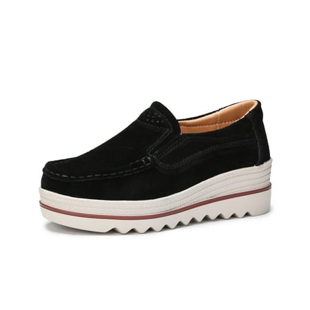 Ruiatoo Women Platform Loafers Slip On Comfort Suede Wedge Shoes Low Top Moccasins Black 37