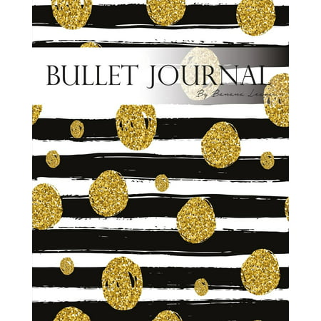 Bullet Journal Notebook Dotted Grid, Graph Grid-Lined Paper, Large, 8x10,150 Pages: Modern Black White Line Strips with Gold Glitter Dots Fashion Cover: Master Journaling with Bullet Guide System