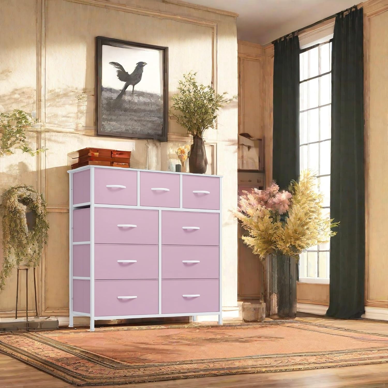 Dresser, Betcozy Storage Organizer with 9 Drawers for Bedroom, Chest of Drawer with Fabric Bins, Sturdy Metal Frame, Wood Top for Closet, Nursery,Pink