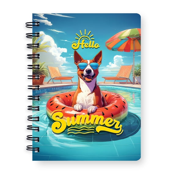 Hello Summer Basenji Pool Day on Watermelon Float Spiral Bound Journal African Barkless Dog Lover 5x7in Spiral Notebook - 13008