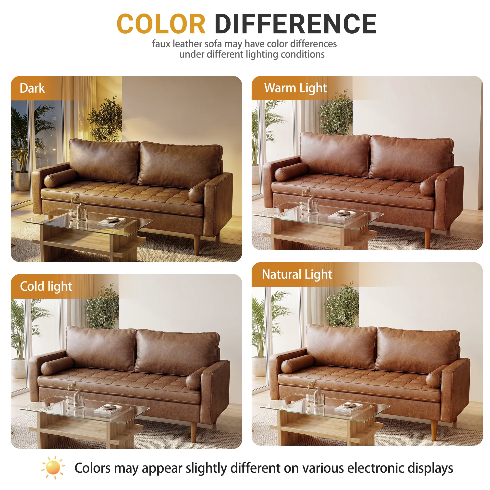 Koby Home Faux Leather Sofa, Mid-Century 70" 3 Seater Couches Camel Brown