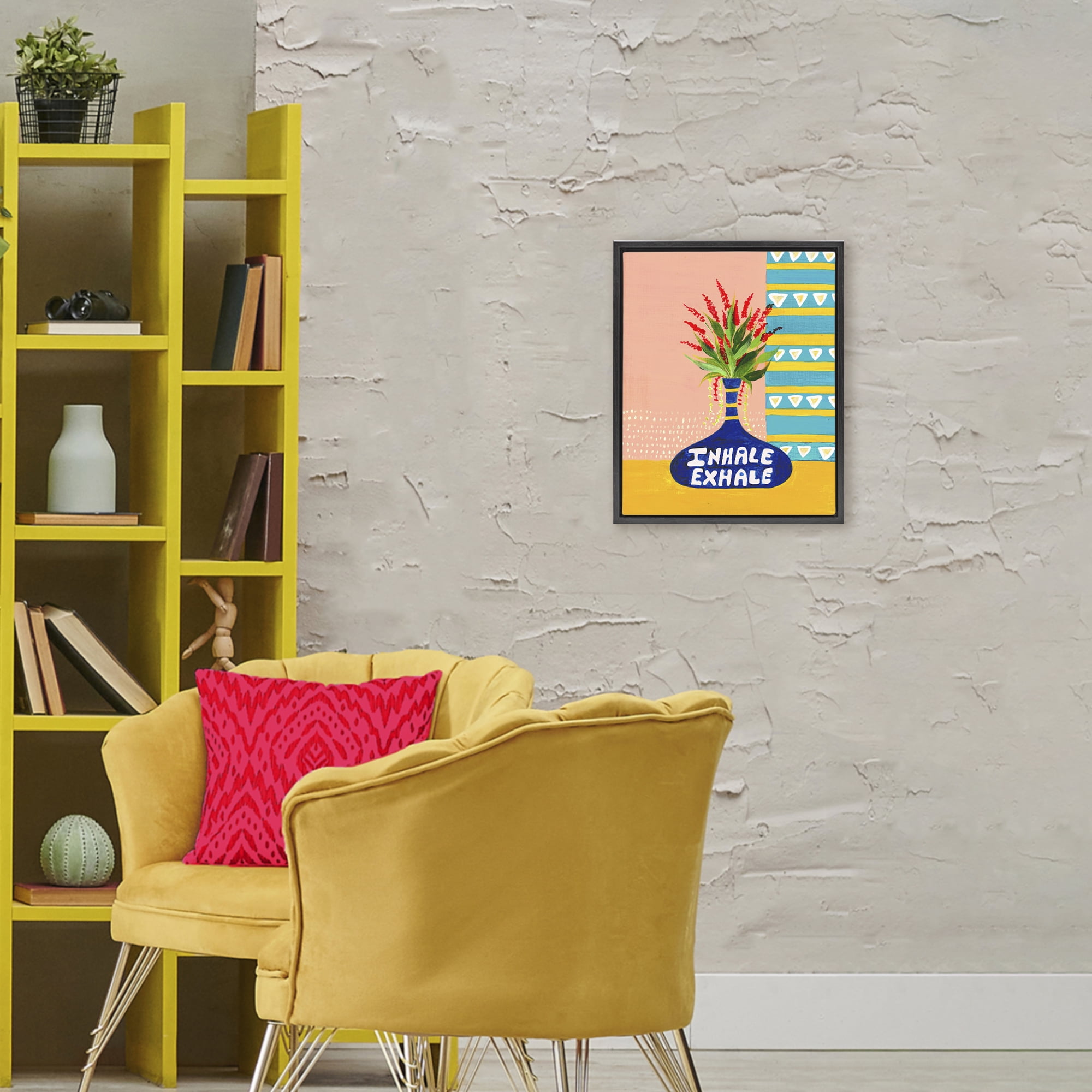 Inhale Exhale Flower Vase Black Framed Floater Canvas Wall Art, design by Nabeela Rumi
