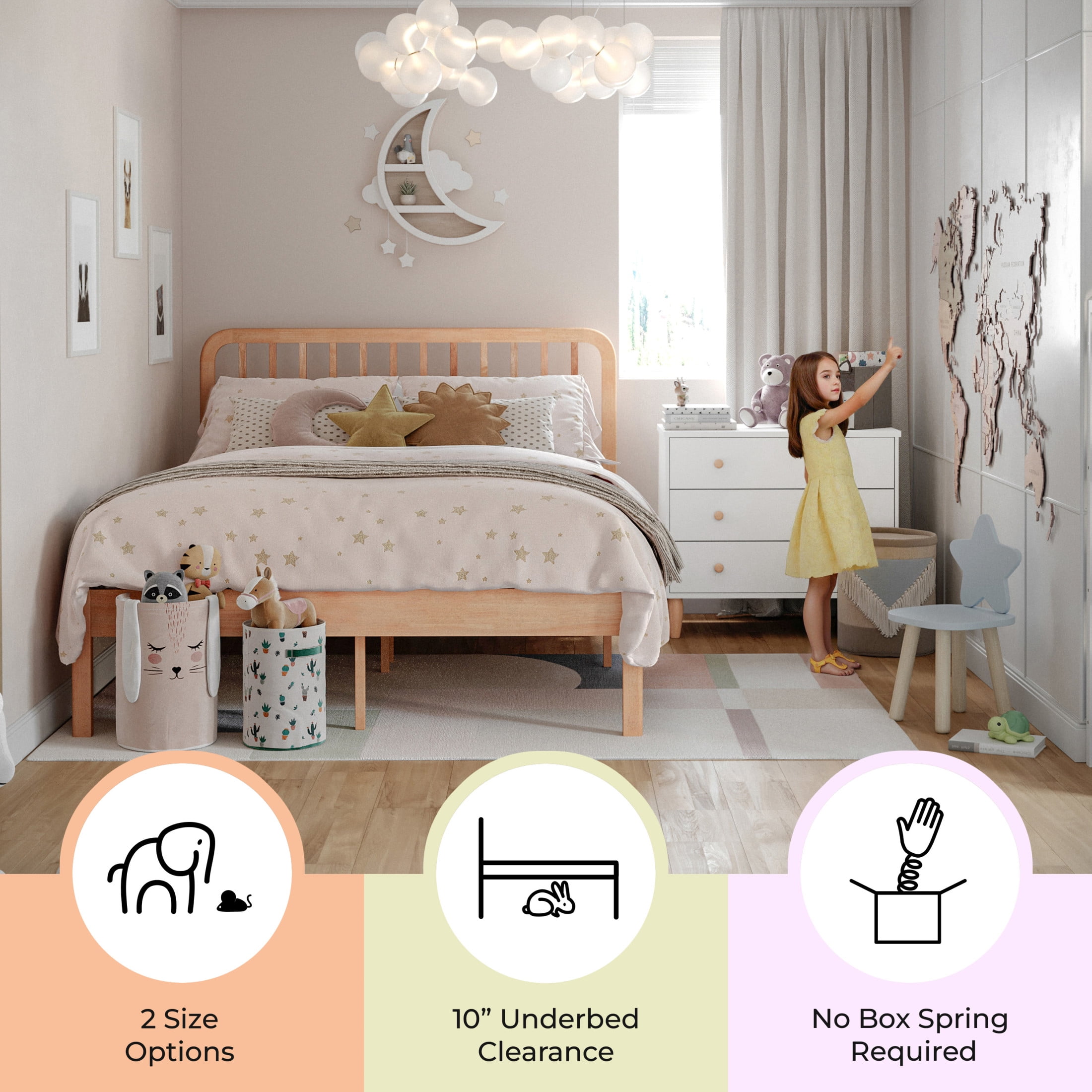 Buzz & Bloom Kids Full-Size Platform Bed with Rectangular Wood Slat Headboard, Natural