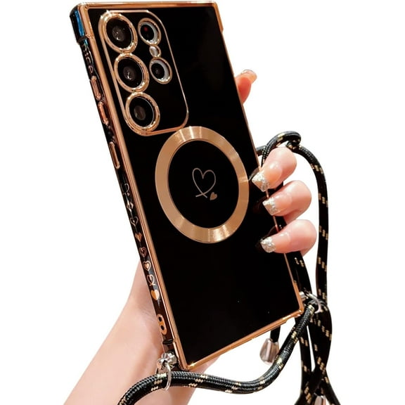 case for Samsung Galaxy S23 Ultra Case Compatible with Magsafe S23 Ultra Phone Case for Women Cute Heart Removable Adjustable Shoulder Strap Lanyard Crossbody Galaxy S23 Ultra Case 6.8” (Black)