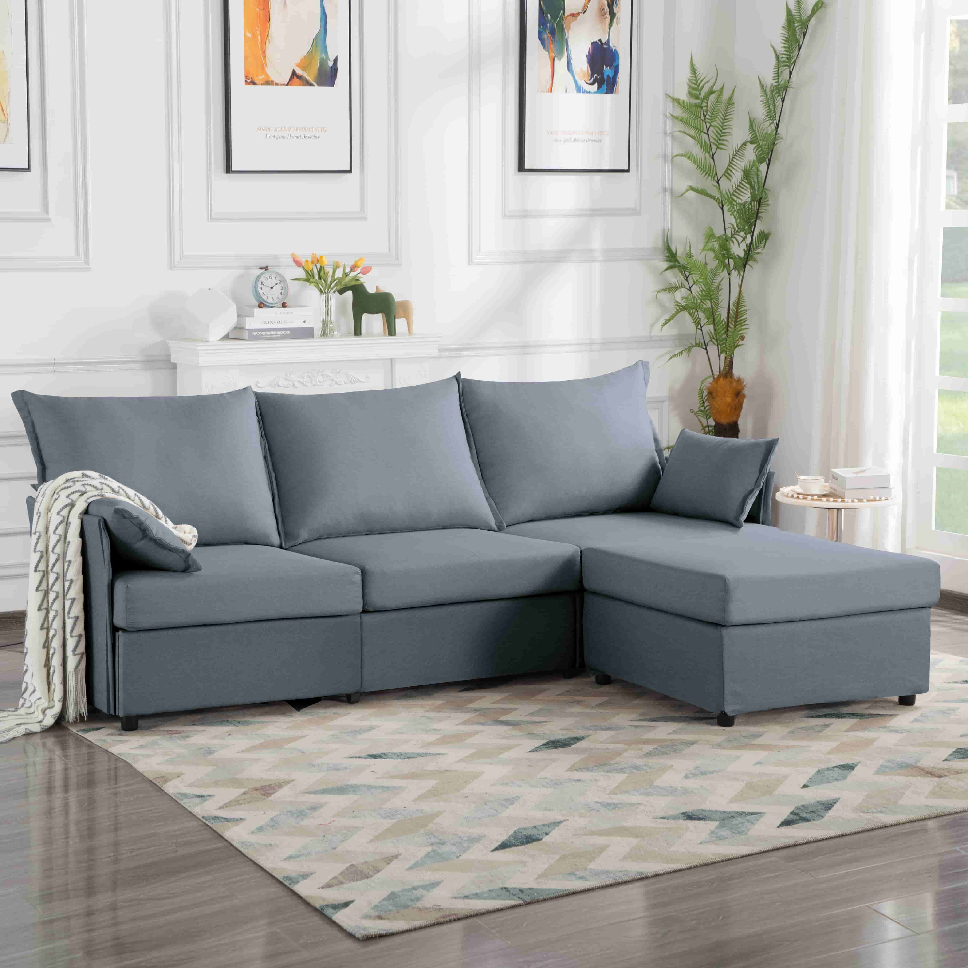 BSHTI 93.7” Modern Sectional Sofa With Ottoman,a Solid Wood and Iron Frame,Polyester Upholstery,Two Iincluded Armrest Pillows,Easy Cleaning,L-Shape Sofa Dark Gray