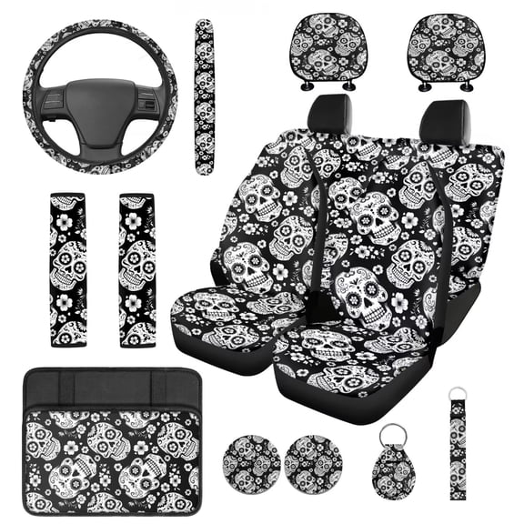 HUIACONG Sugar Skull Car Accessories Set 14 Pcs Universal Front and Back Seat Covers Full Set with Steering Wheel Cover Armrest Cover Seat Belt Pads Headrest Cover Coasters Keychain Universal Fit