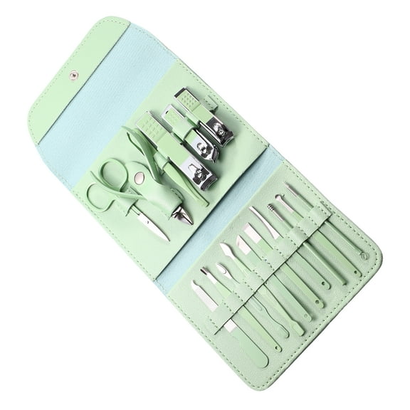 Vocoste Manicure Set Nail Clippers Pedicure Kit Stainless Steel with PU Leather Case Green 16 Pcs