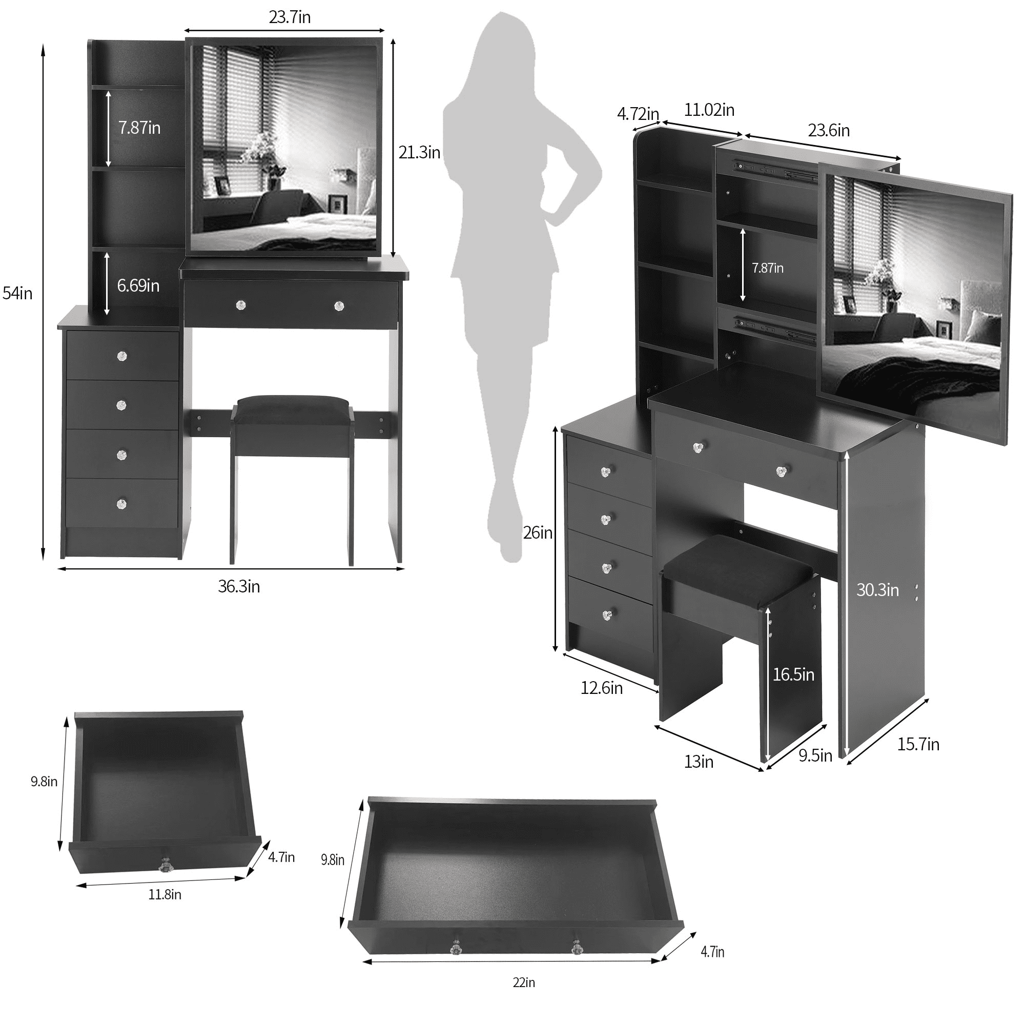 37" Large Space Dresser Set with Sliding Mirror & Stool, MDF Vanity Table with Multi-Layer Storage, American Design for Bedroom