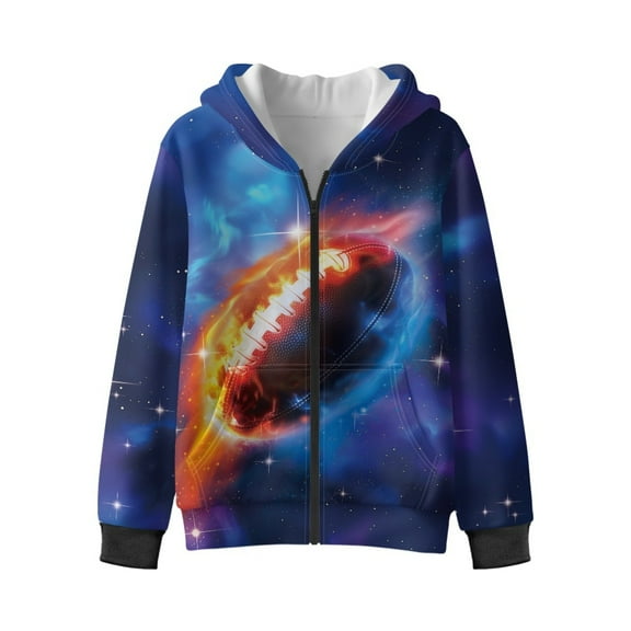 FKELYI Fire American Football Rugby Starry Print Graphic Hoodies Kids Zipper Front Sweatshirt Boys Girls Fall Winter Jacket with Pockets Fleece Lining Hoodie, M