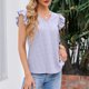 thumbnail image 4 of Camiseta transpirable de fibra de poliéster de manga corta con cuello con volantes ahuecado y cuello en V para mujer para primavera verano púrpura S, 4 of 8