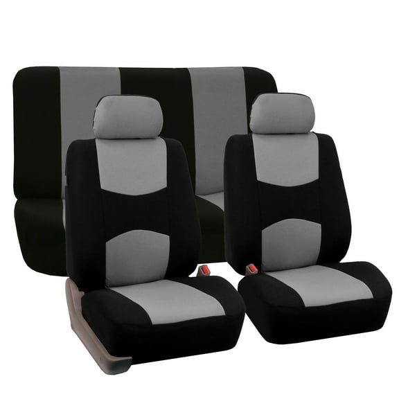 FH Group Universal Flat Cloth Fabric Car Seat Cover, 2 Headrests Full Set, Gray and Black