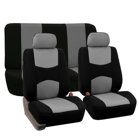 FH Group Universal Flat Cloth Fabric Car Seat Cover, 2 Headrests Full Set, Gray and Black
