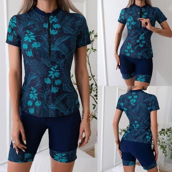 Lcziwo Women Surfing Two Piece Rash Guard Short Sleeve Zipper Swimwear Printed Swim Shirt with Shorts Bathing Suit Navy,M