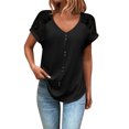 thumbnail image 1 of Gibobby Camisetas Mujer Baratas Manga Corta Mujer Casual Color sólido Cuello redondo Manga corta Botón Encaje Camiseta Top(Negro,XL), 1 of 5