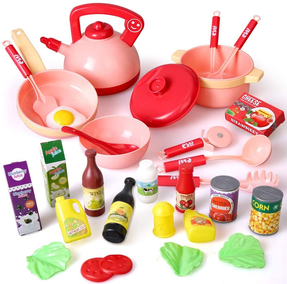 28PCS Kitchen Play Toy, Kids Pretend Play Cooking Set with Play Food