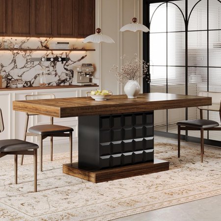 Tribesigns 63 Dining Table for 4-6 Farmhouse Rectangular Dining Room Table with Geometric Relief Dining Kitchen Table Wooden Dinner Table for Dining Room Kitchen Brown & Black