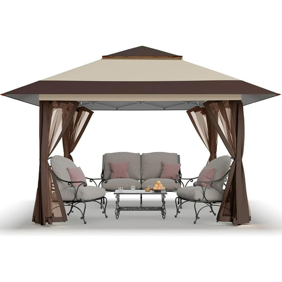 CROWN SHADES 13x13 Pop Up Gazebo Canopy Tent Gazebos Outdoor Gazebo for Backyard & Patio Beige&Coffee