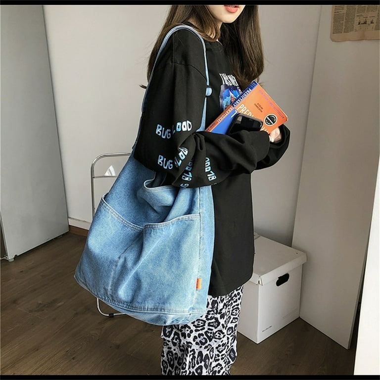 Denim Shoulder Bags for Women Casual Female Handbags Jeans Bag Large  Capacity Travel Canvas Crossbody Bags-Light Blue
