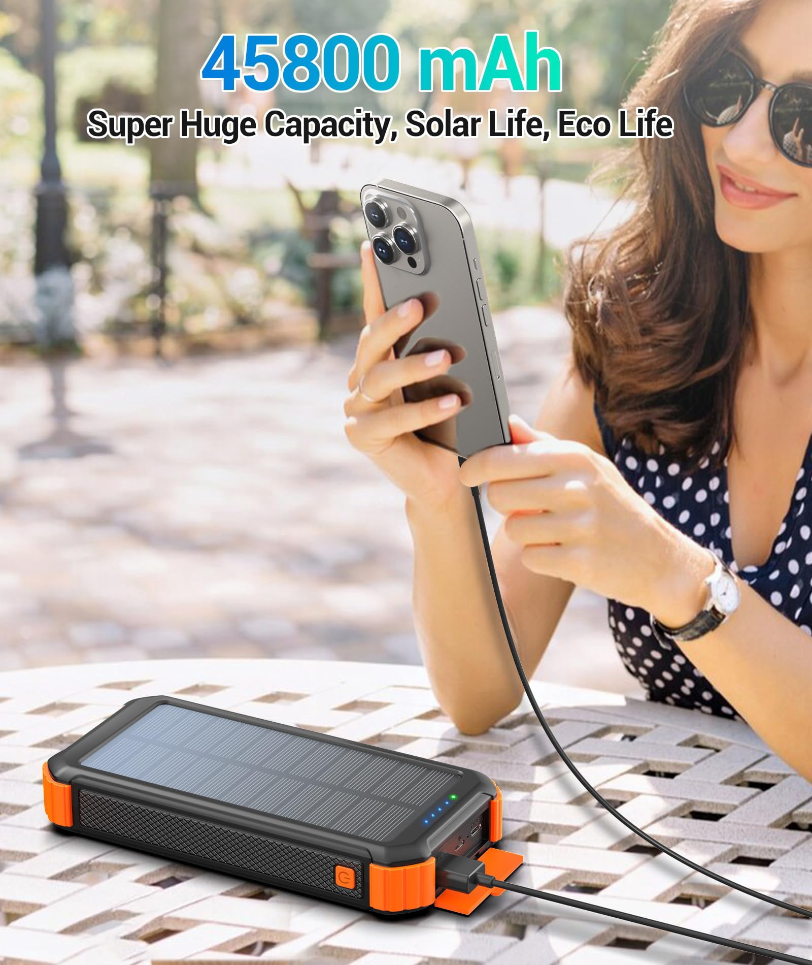 45800mAh Solar Power Bank, Portable Charger with USB-C Input/Output, 5V/3.1A QC 3.0 Fast Charging, Compatible with iPhone, Samsung, Google, and More