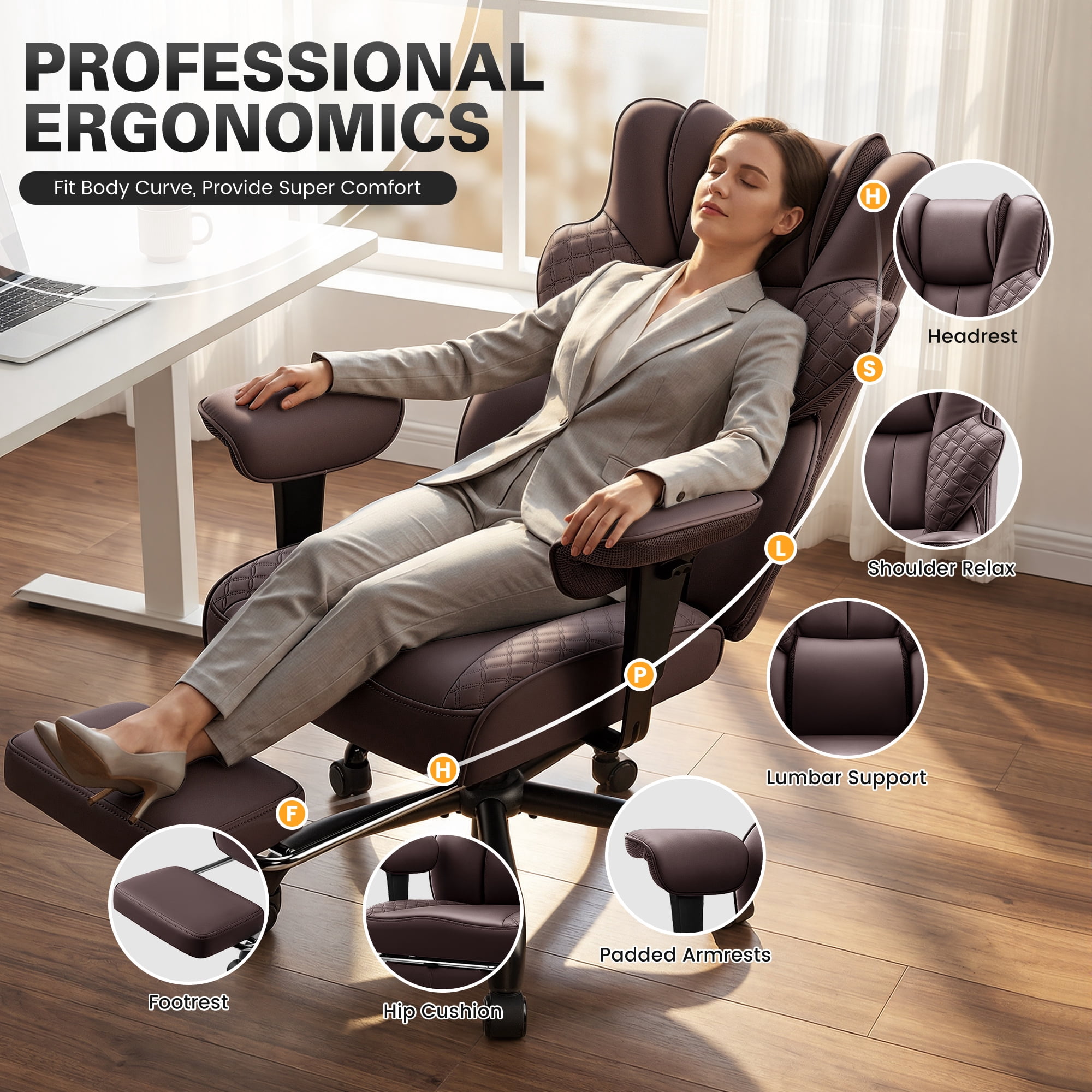 COOLHUT Big and Tall Office Chair 500lbs, Heavy Duty Ergonomic Office Desk Chair with Deluxe Embossing PU Leather with Footrest, Executive Gaming Chair with Lumbar Support, Coffee