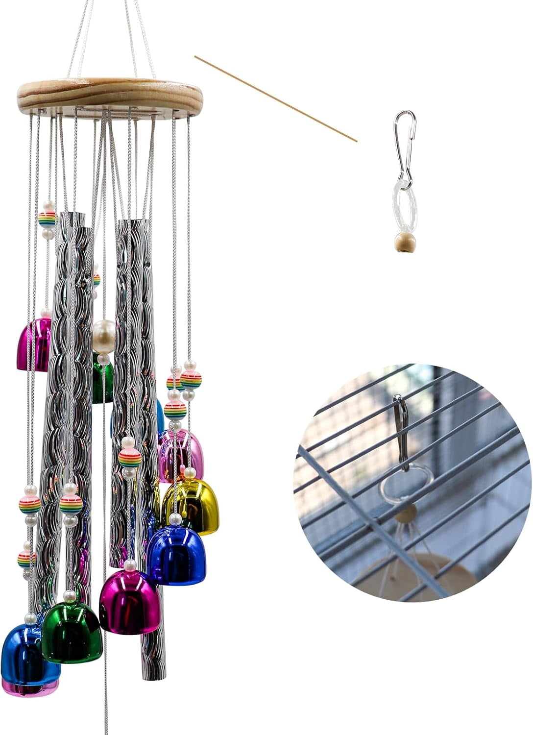 Colorful bell and shining stick parrot toys, bird cage wind chimes for chewing, suitable for African Grey, Budgies, Cockatiels, Lovebirds, Conures, Quakers and other small to medium birds.