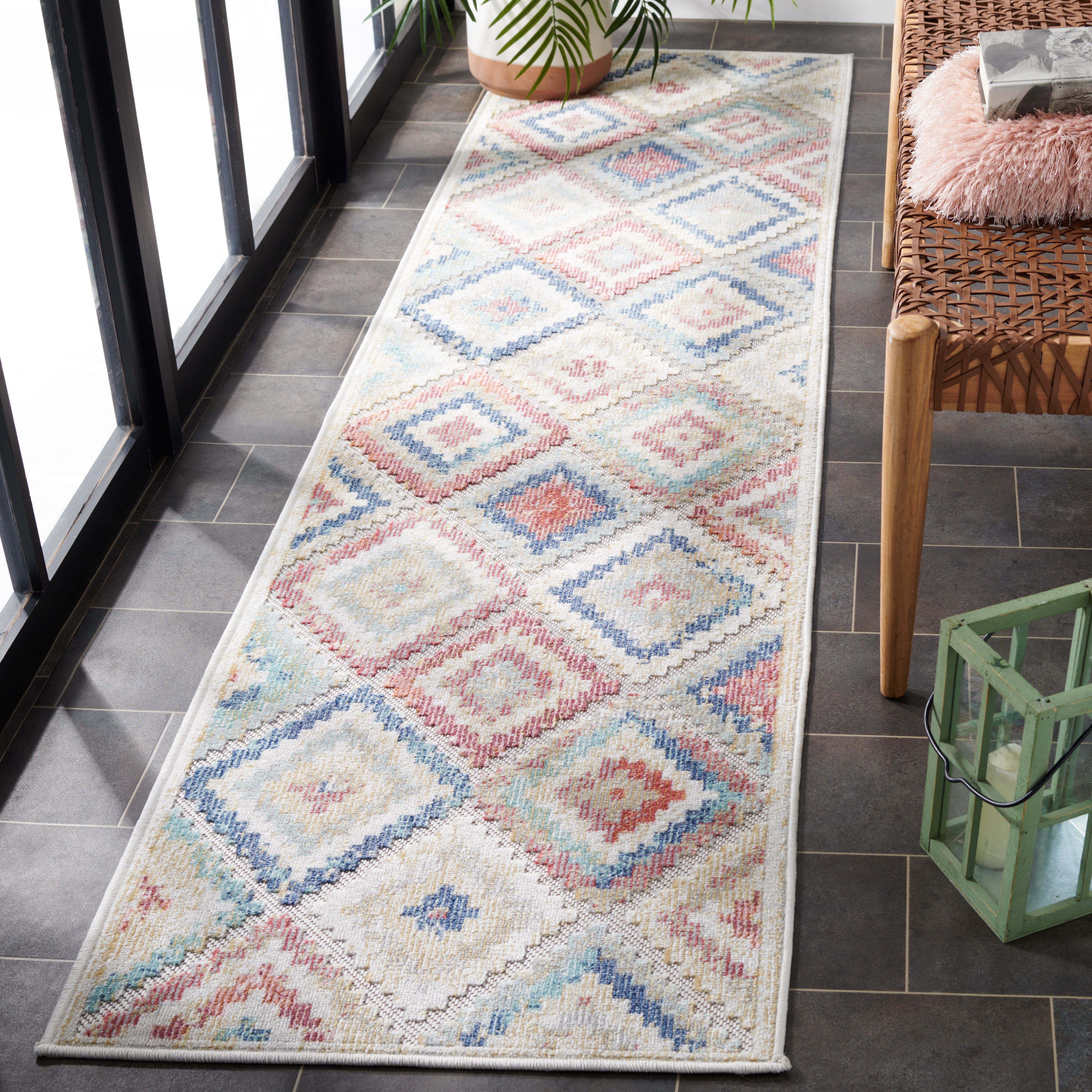SAFAVIEH Cabana Carina Geometric Indoor/Outdoor Runner Rug, Red/Blue/Multi, 2'2" x 9'