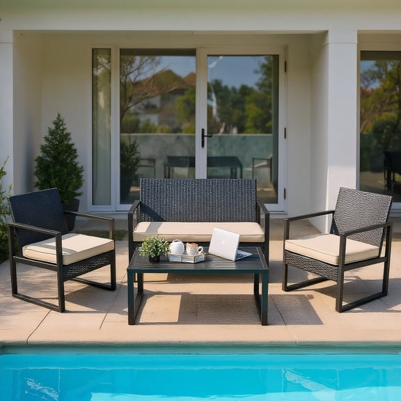 Resenkos 4 Pieces Patio Rattan Furniture Set, Outdoor Furniture Garden Conversation Bistro Sets with Seat Cushions and Coffee Table