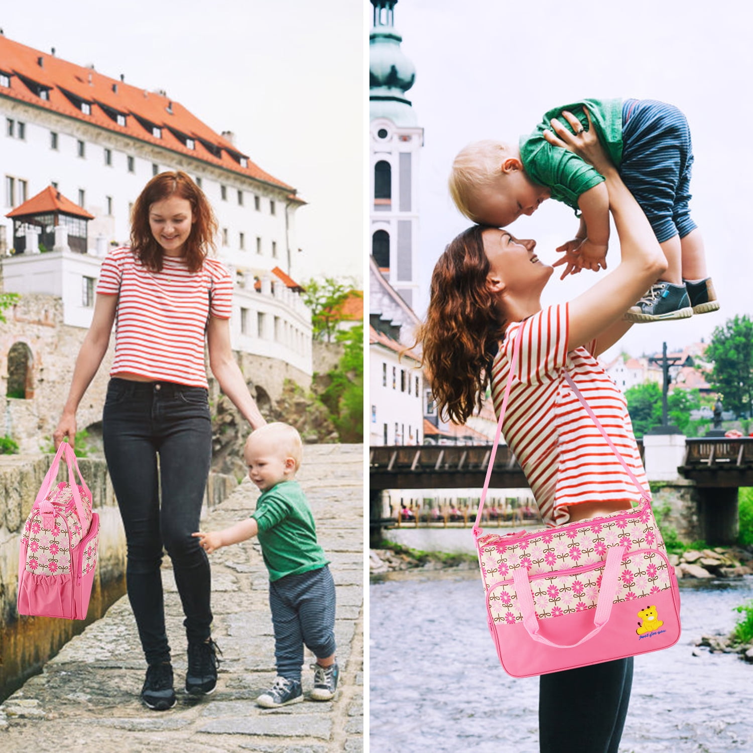 iMounTEK Baby Diaper Tote Stylish Nappy Messenger Insulated Bag 5 Piece Set Large Medium Handbag, Food/Bottle Bag, Pink
