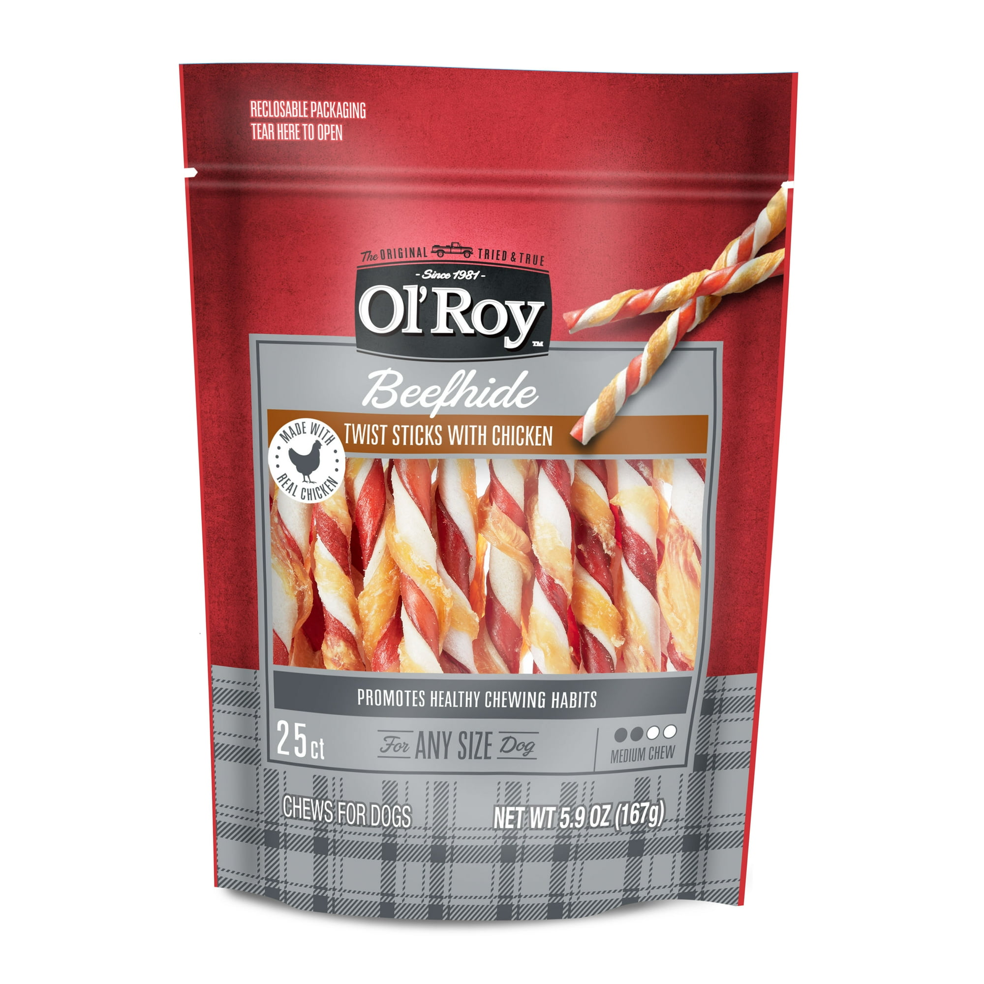 Ol' Roy 5 Inch Rawhide Chicken Sticks, Dog Treats, Beef hide Twists Chicken Flavor, 5.9 oz, 25 Count