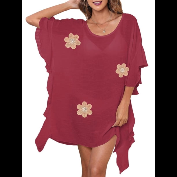 Traje de Baño de Playa Holgado y con Volantes de Color Liso para Mujer Rojo Talla Única