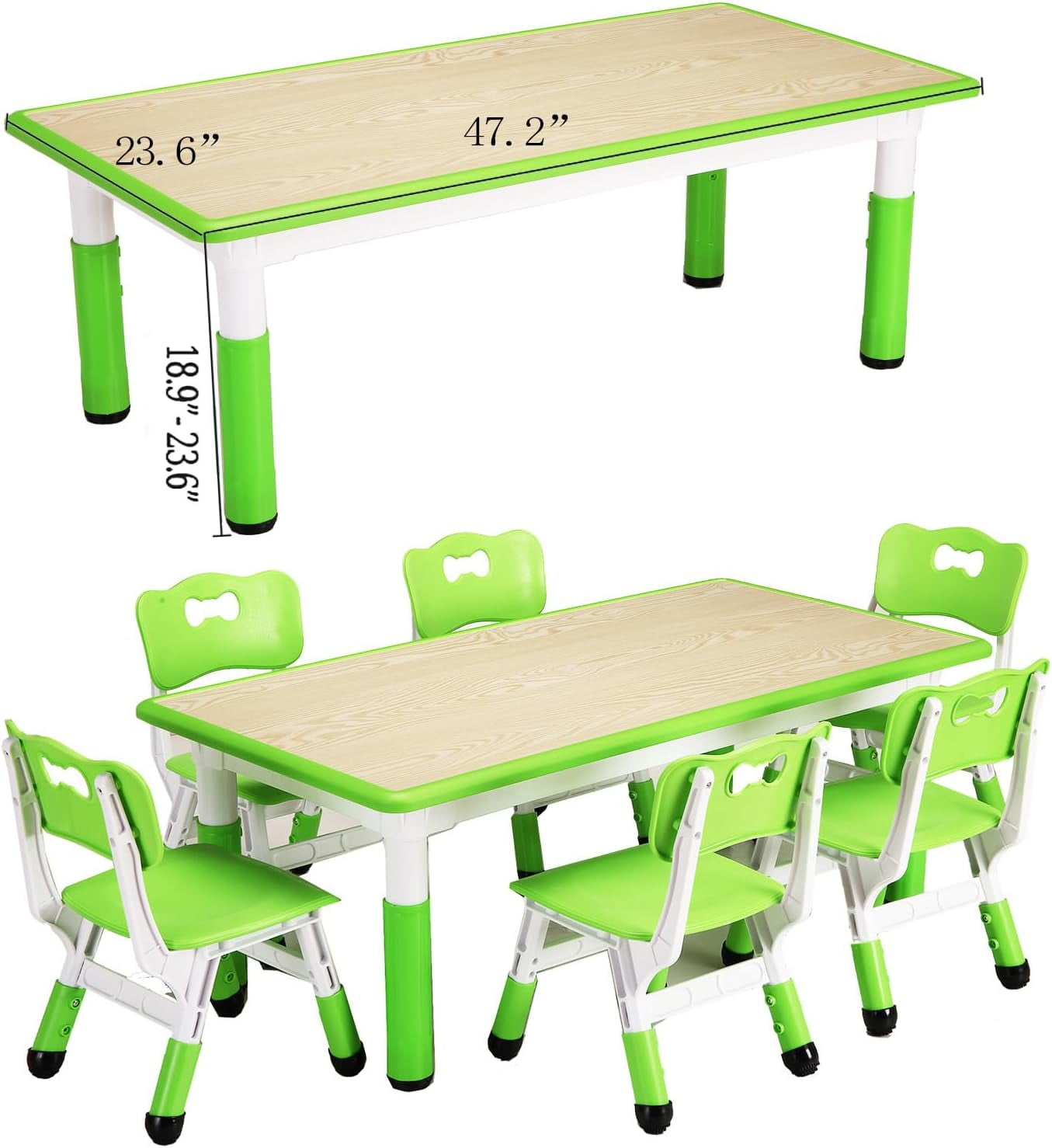 Patikuin Kids Table and Chairs Set, Height Adjustable Desk with 6 Seats for Ages 2-10, Arts & Crafts Table with Non-Slip Legs for Playing, Drawing, Eating, Studying, Max 300lbs (Green)