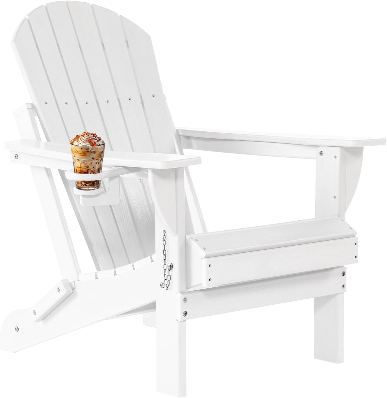 Withniture Folding Adirondack Chair Wood Texture, Patio Chair Weather Resistant, Wood Plastic Fire Pit Chair with Cup Holder, for Lawn Outdoor Porch Garden Backyard Deck (White)