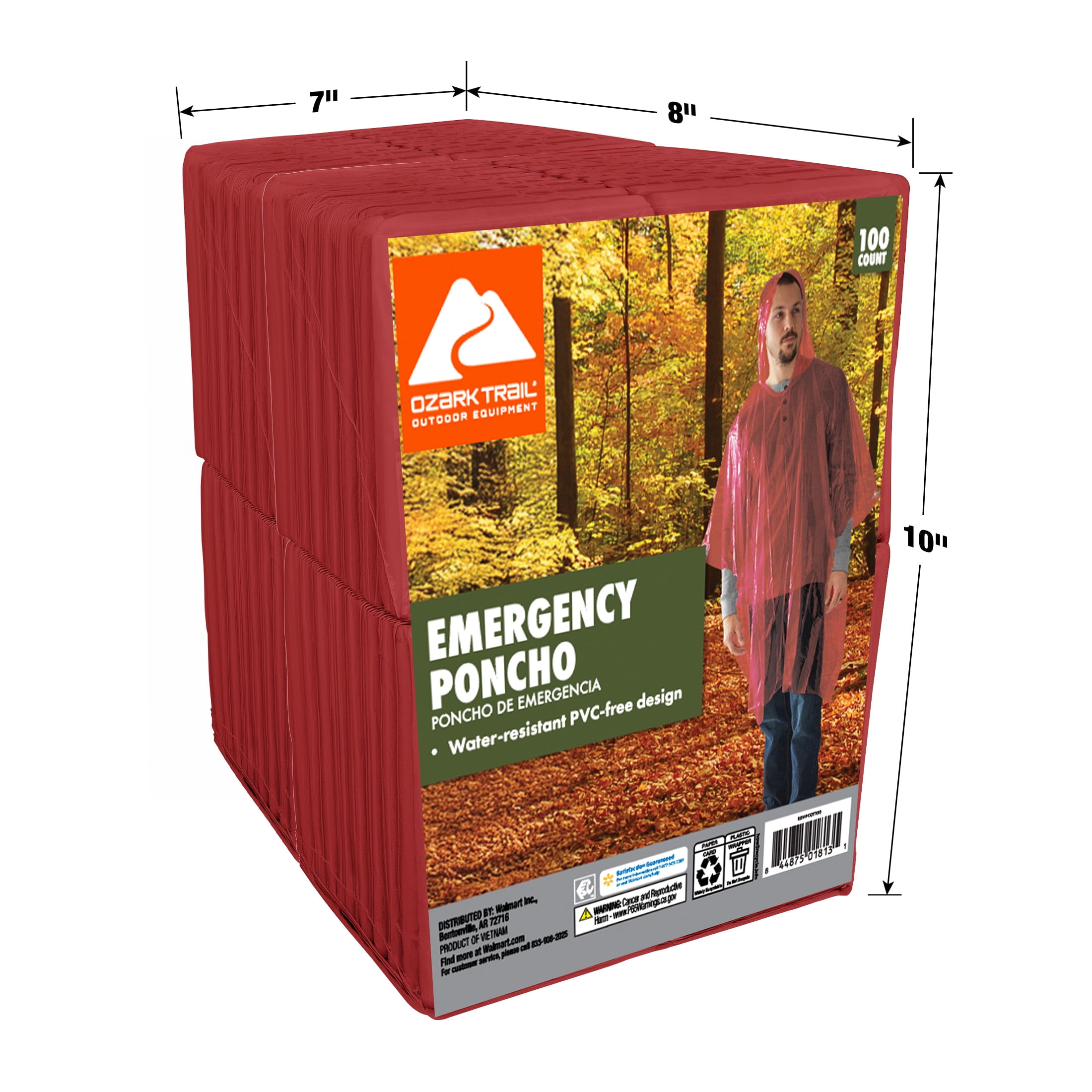 Ozark Trail Red Emergency Poncho - 100 pack