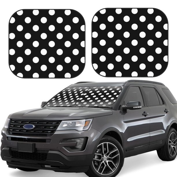 Balery Black and White Polka Dot Parasol para parabrisas de coche de 2 piezas | Parasol plegable para parabrisas delantero de coche para la mayoría de sedanes-Small