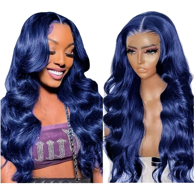 Pelucas de encaje en la parte delantera con forma de pájaro colorido, cabello humano azul real, 18 pulgadas