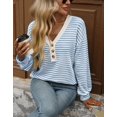thumbnail image 2 of Women's Casual Loose V-Neck Striped Button Sky Blue Pullover Sweatshirt,Spring/Autumn/Winter,S-2XL, 2 of 6