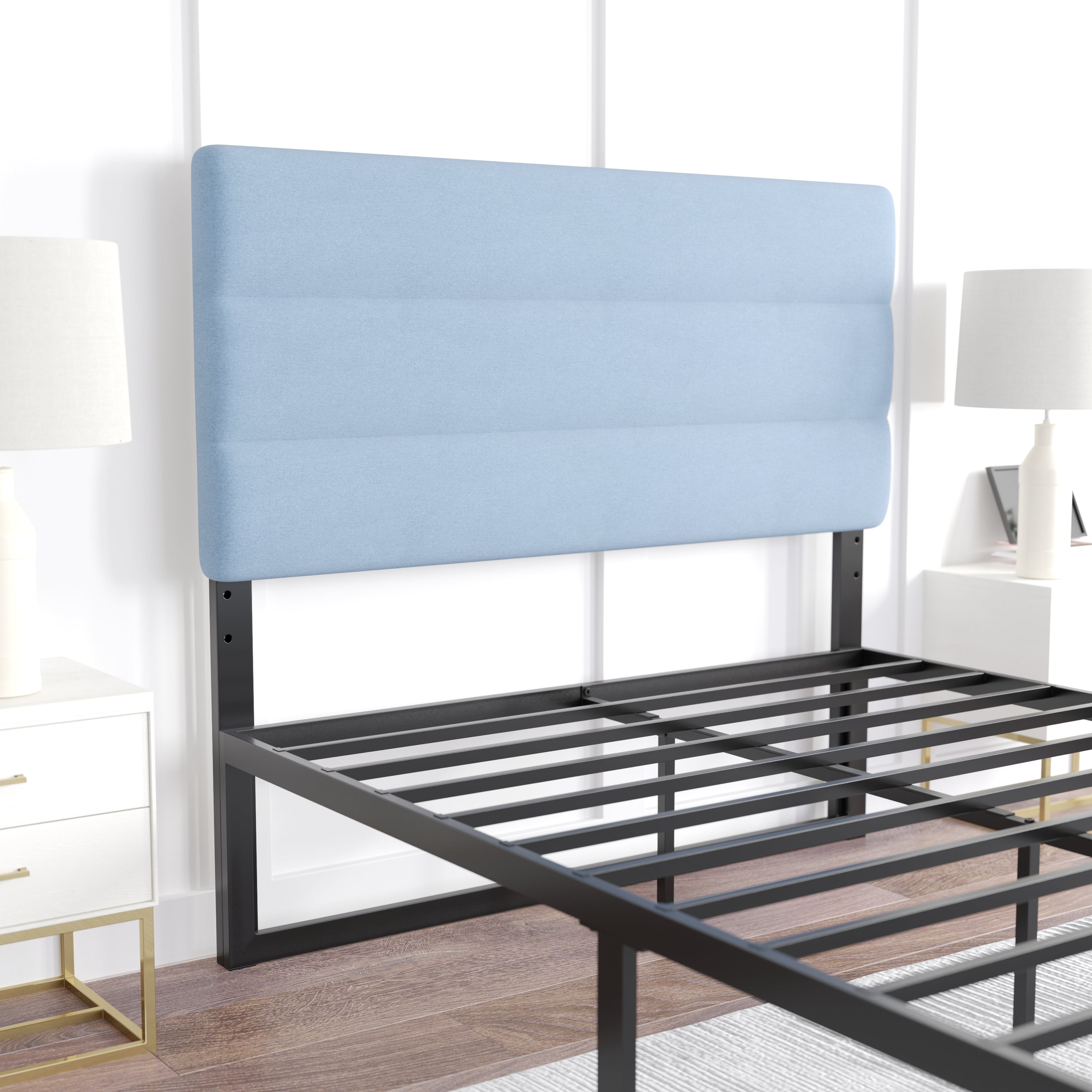 Emma + Oliver Modern Blue Fabric Upholstered Full Headboard with Horizontal Line Stitching and Adjustable Height Rail Slots