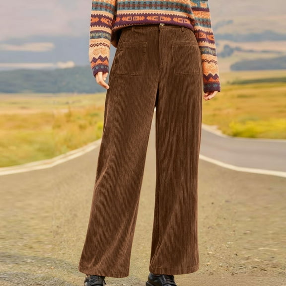 Wide Leg Corduroy Pants Women Vintage Straight Leg Regular Fit Comfy Business Office Trouser with Zipper Pockets