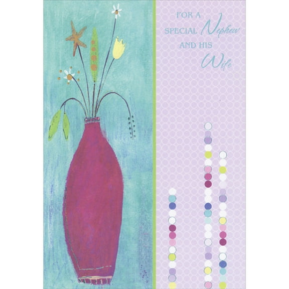 Designer Greetings Tall Vase, Thin Stemmed Flowers and Columns of Stacked Circles on Light Purple Easter Card for Nephew and Wife