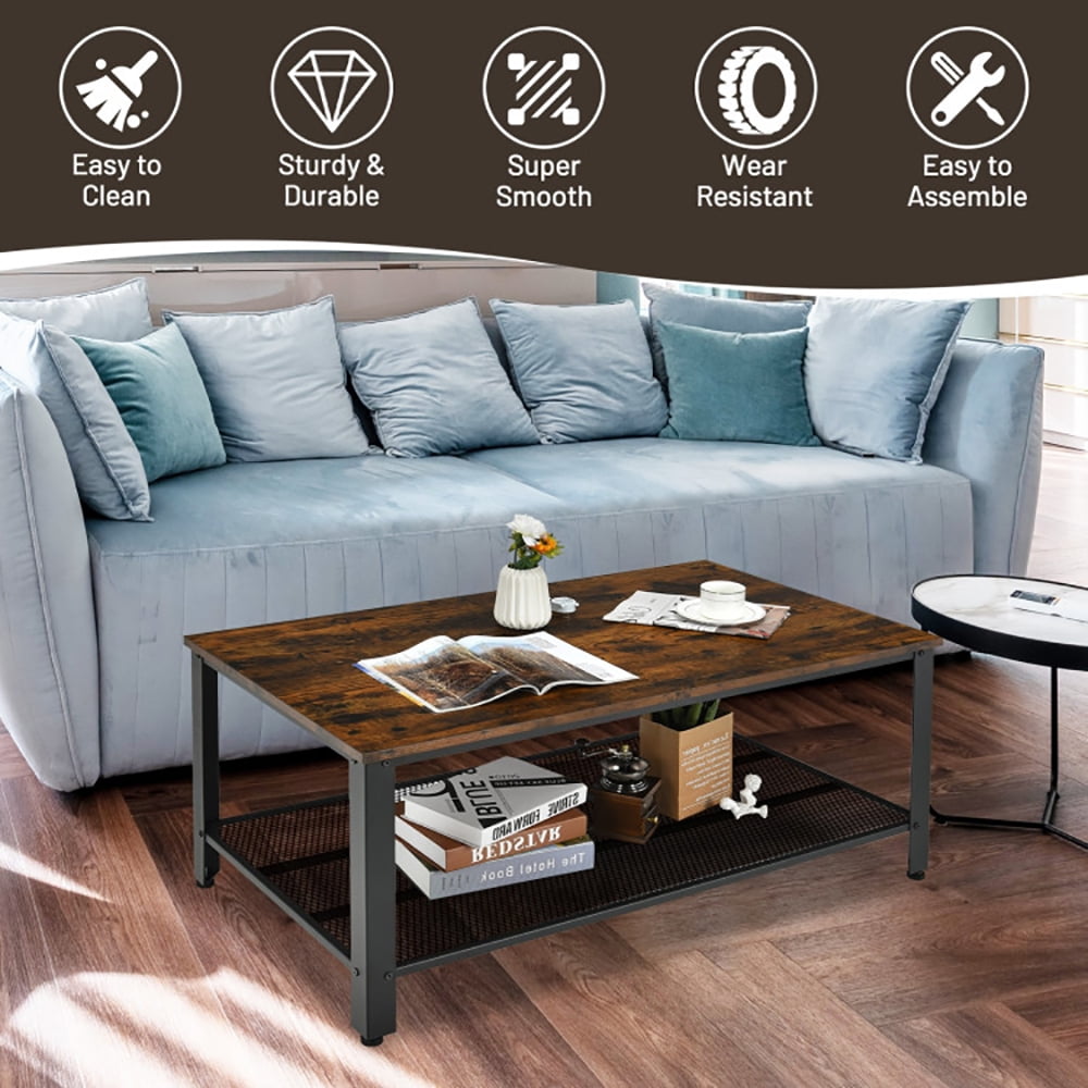 Finihen Wooden Coffee Table, Rectangular Coffee Table, Metal Frame Wood Coffee Table Console Table with Storage Shelf, for Living Room, Reception Room, Office, Rustic Brown