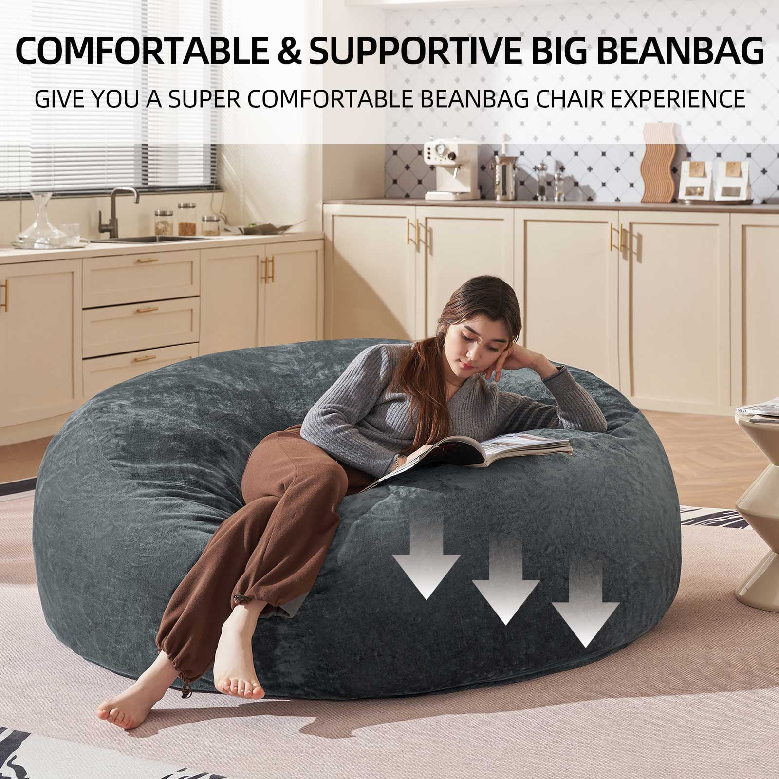 Bean Bag Chair 6FT,  Large Memory Foam Filled Chair for Adults and Teens, Soft Sofa with Removable Flannel Cover, Round Couch for Living Room Bedroom College Dorm