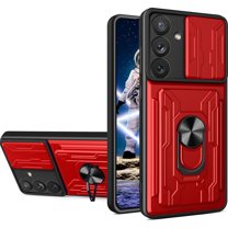 Dteck for Samsung Galaxy S23 FE Case with Sliding Camera Lens Cover, Military Grade Shockproof Heavy Duty Protective with Ring Kickstand & Detachable Card Holder Phone Case for Samsung S23 FE,Red