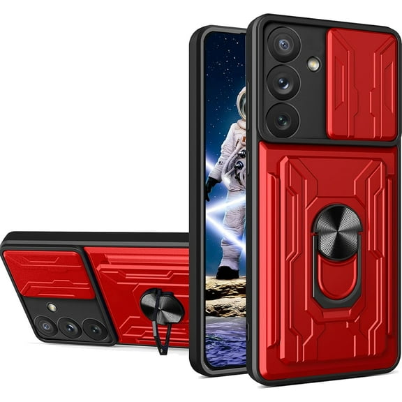 Dteck for Samsung Galaxy S23 FE Case with Sliding Camera Lens Cover, Military Grade Shockproof Heavy Duty Protective with Ring Kickstand & Detachable Card Holder Phone Case for Samsung S23 FE,Red