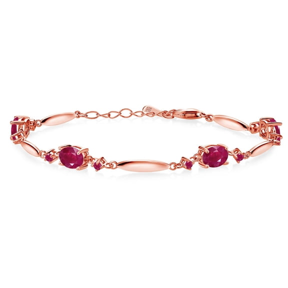 Gem Stone King 18K Rose Gold Plated Silver Red Ruby Tennis Bracelet for Women | 4.34 Cttw | Gemstone July Birthstone | Oval 7X5MM | 6 inch 1 inch Extender