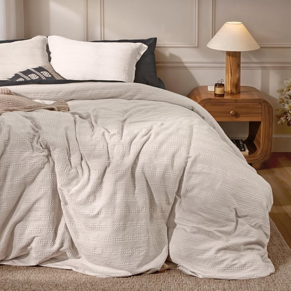 RUVANTI 100% Cotton Waffle Weave Queen Duvet Cover Set - Pre-Washed Soft Cozy Textured Bedding, 3-Piece, 8 Corner Ties, Breathable, Linen (Stripe)