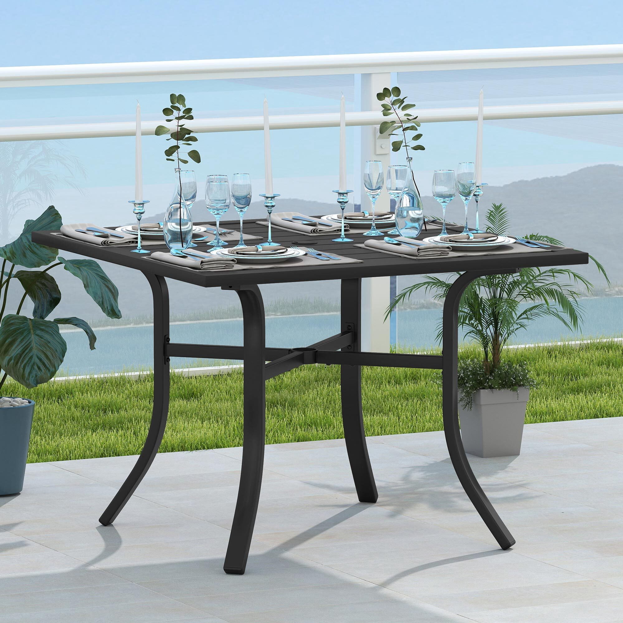 Uforic Square Metal Outdoor Dining Table 37 Inch, E-Coating Patio Table with Umbrella Hole for Backyard, Garden and Lawn, Black