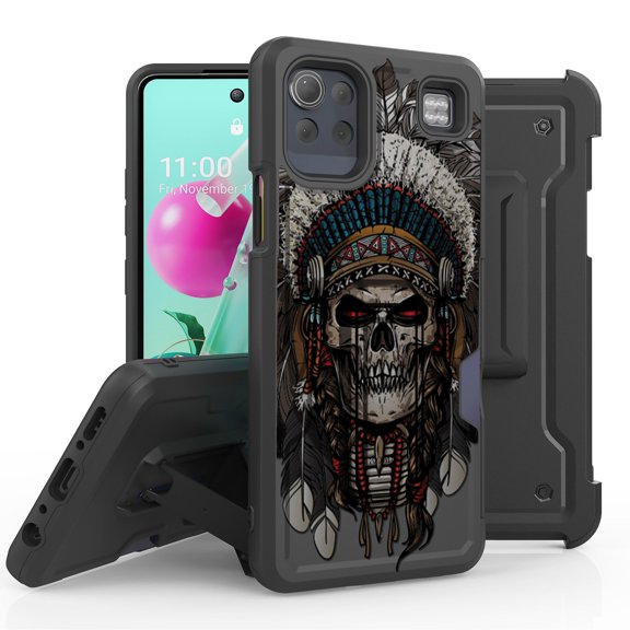 ANJ  Rugged Hybrid Shockproof Case w/Kickstand   Holster Clip Card Slot Cover for LG K92 5G - Skull Chief