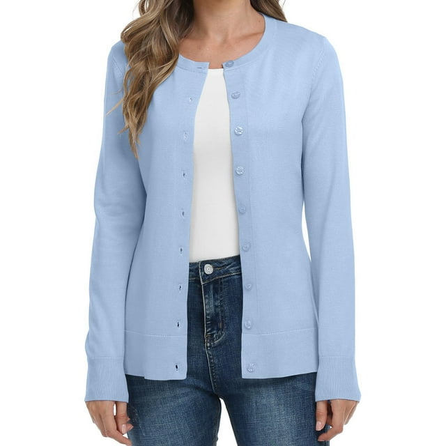 FAIWAD Women's Long Sleeve Cardigan Round Neck Button Down Knit Sweater Classic Solid Color Tops