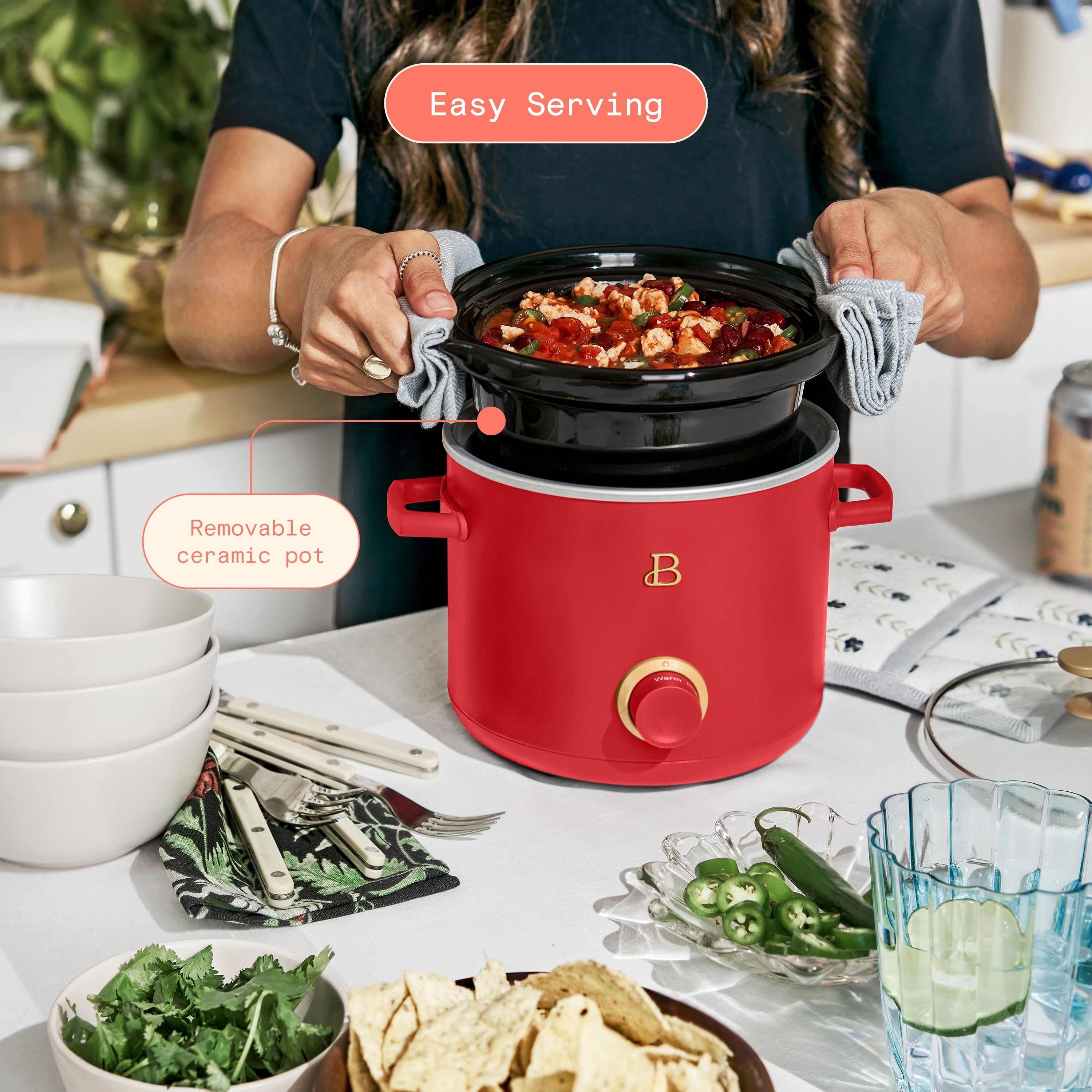 Beautiful 2 Qt Manual Slow Cooker, 2-Pack, Tomato Red + White Icing by Drew Barrymore